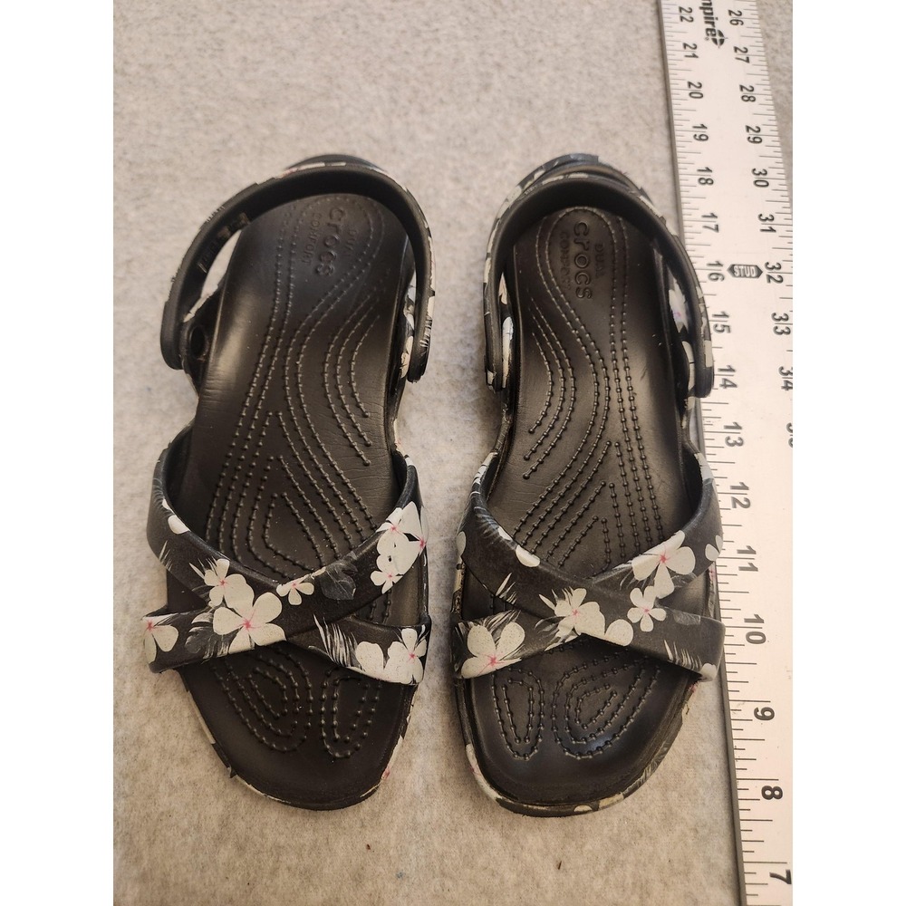 CROCS Black Sandals with White Floral Print
